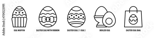 Easter Egg Bag, Boiled Egg, Easter Egg (1 Egg), Easter Egg with Ribbon, Egg Muffin editable stroke outline icons set isolated on white background flat vector illustration. photo
