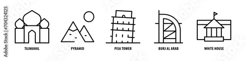 White house, Burj al arab, Pisa Tower, Pyramid, Tajmahal editable stroke outline icons set isolated on white background flat vector illustration.