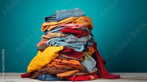 Vibrant Fashion Showcase: Colorful Clothes Piled on Table – Trendy Apparel and Textiles for a Stylish Wardrobe Display
