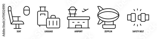 Safety Belt, Zeppelin, Airport, Luggage, Seat editable stroke outline icons set isolated on white background flat vector illustration.