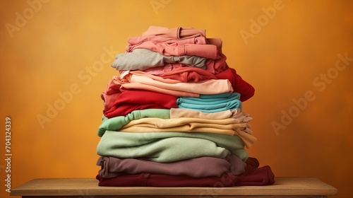 Vibrant Fashion Showcase: Colorful Clothes Piled on Table – Trendy Apparel and Textiles for a Stylish Wardrobe Display