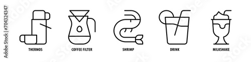 Milkshake, Drink, Shrimp, Coffee filter, Thermos editable stroke outline icons set isolated on white background flat vector illustration.