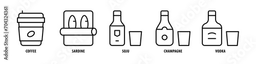 Vodka, Champagne, Soju, Sardine, Coffee editable stroke outline icons set isolated on white background flat vector illustration.