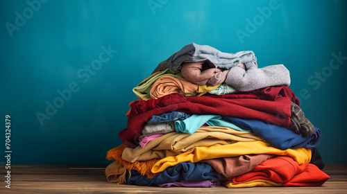 Vibrant Fashion Showcase: Colorful Clothes Piled on Table – Trendy Apparel and Textiles for a Stylish Wardrobe Display