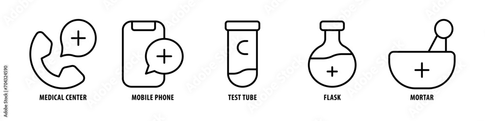Mortar, Flask, Test Tube, Mobile phone, Medical Center editable stroke outline icons set isolated on white background flat vector illustration. Mortar, Flask, Test Tube, Mobile phone, Medical Center editable stroke outline icons set isolated on white background flat vector illustration.