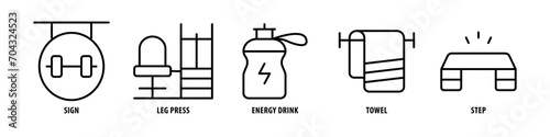Step, Towel, Energy Drink, Leg Press, Sign editable stroke outline icons set isolated on white background flat vector illustration.