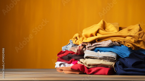 Vibrant Fashion Showcase: Colorful Clothes Piled on Table – Trendy Apparel and Textiles for a Stylish Wardrobe Display