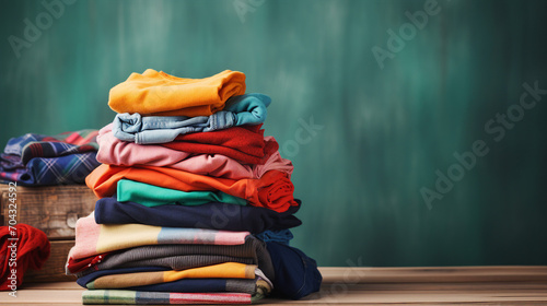 Vibrant Fashion Showcase: Colorful Clothes Piled on Table – Trendy Apparel and Textiles for a Stylish Wardrobe Display