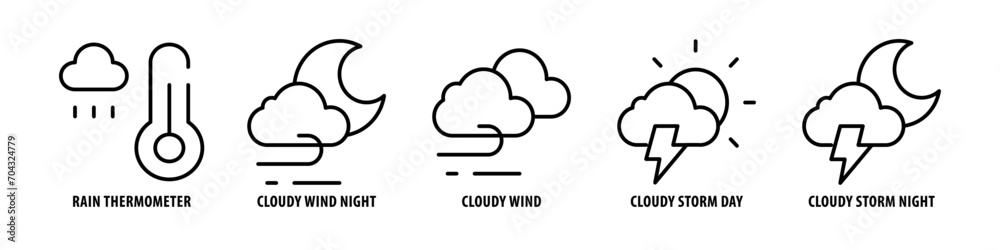 Cloudy Storm Night, Cloudy Storm Day, Cloudy Wind, Cloudy Wind Night, Rain Thermometer editable stroke outline icons set isolated on white background flat vector illustration. Cloudy Storm Night, Cloudy Storm Day, Cloudy Wind, Cloudy Wind Night, Rain Thermometer editable stroke outline icons set isolated on white background flat vector illustration.