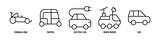 SUV, Moon Rover, Electric Car, Tuk-tuk, Formula one editable stroke outline icons set isolated on white background flat vector illustration.