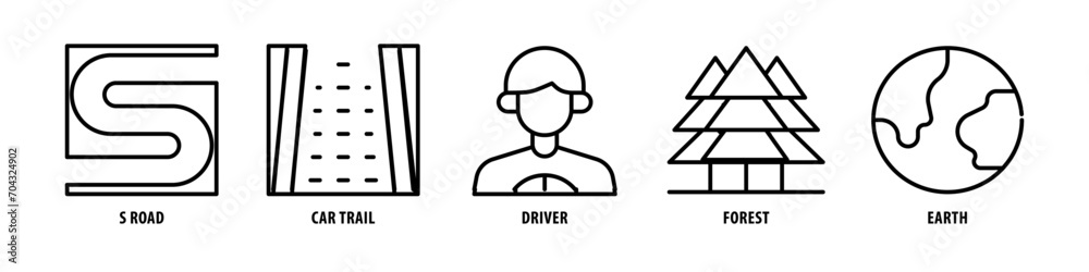 Earth, Forest, Driver, Car Trail, S road editable stroke outline icons set isolated on white background flat vector illustration. Earth, Forest, Driver, Car Trail, S road editable stroke outline icons set isolated on white background flat vector illustration.