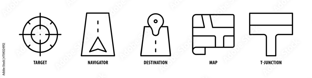 T-junction, Map, Destination, Navigator, Target editable stroke outline icons set isolated on white background flat vector illustration. T-junction, Map, Destination, Navigator, Target editable stroke outline icons set isolated on white background flat vector illustration.