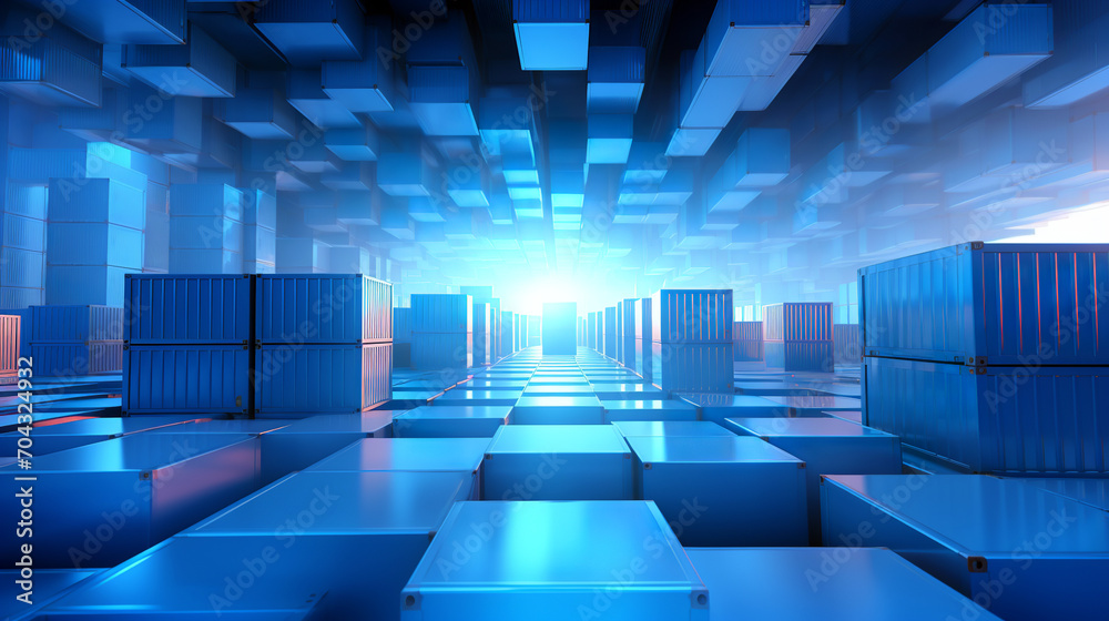 A 3D-rendered scene of blue shipping containers arranged in an orderly ...