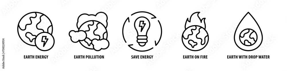 Earth with drop water, Earth on Fire, Save Energy, Earth pollution, Earth Energy editable stroke outline icons set isolated on white background flat vector illustration. Earth with drop water, Earth on Fire, Save Energy, Earth pollution, Earth Energy editable stroke outline icons set isolated on white background flat vector illustration.
