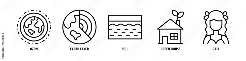 Gaia, Green House, Soil, Earth Layer, Ozone editable stroke outline icons set isolated on white background flat vector illustration. Gaia, Green House, Soil, Earth Layer, Ozone editable stroke outline icons set isolated on white background flat vector illustration.