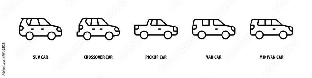 Minivan car, Van car, Pickup car, Crossover car, SUV car editable stroke outline icons set isolated on white background flat vector illustration. Minivan car, Van car, Pickup car, Crossover car, SUV car editable stroke outline icons set isolated on white background flat vector illustration.