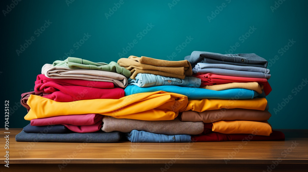 Vibrant Fashion Showcase: Colorful Clothes Piled on Table – Trendy Apparel and Textiles for a Stylish Wardrobe Display Vibrant Fashion Showcase: Colorful Clothes Piled on Table – Trendy Apparel and Textiles for a Stylish Wardrobe Display