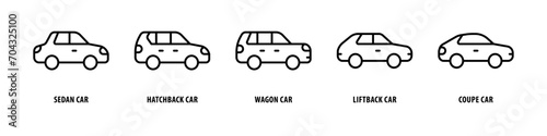 Coupe car, Liftback car, Wagon car, Hatchback car, Sedan car editable stroke outline icons set isolated on white background flat vector illustration.