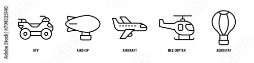 Aerostat, Helicopter, Aircraft, Airship, ATV editable stroke outline icons set isolated on white background flat vector illustration.