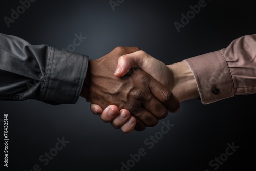 Close-up of two unrecognizable persons' hands in a strong handshake, reflecting trust and cooperation in a professional environment.