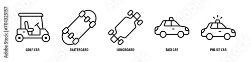 Police car, Taxi car, Longboard, Skateboard, Golf Car editable stroke outline icons set isolated on white background flat vector illustration.