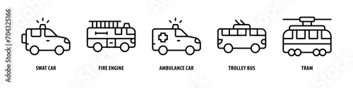 Tram, Trolley bus, Ambulance car, Fire engine, SWAT car editable stroke outline icons set isolated on white background flat vector illustration. photo