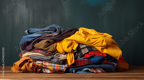 Vibrant Fashion Showcase: Colorful Clothes Piled on Table – Trendy Apparel and Textiles for a Stylish Wardrobe Display