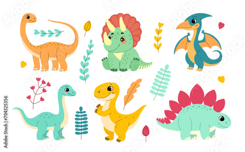 Set of flat illustrations of cute dinosaurs, Diplodocus and Tyrannosaurus, Pterodactyl and Stegosaurus, Triceratops and Brontosaurus