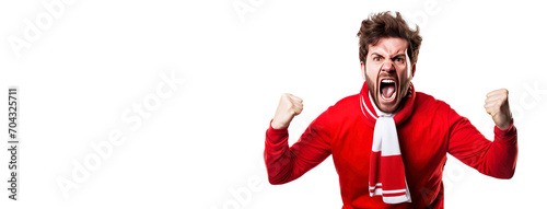 Emotionally excited male sports fan of the championship in a club uniform, white background isolate.