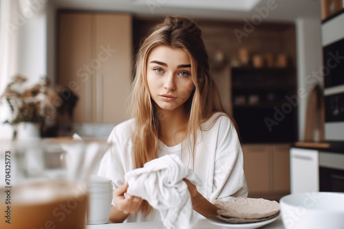 A young woman is cleaning the kitchen at home, putting things in order.