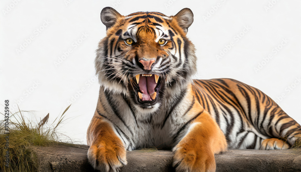 Obraz premium tiger, cat, wild, open mouth, fangs, isolated white background