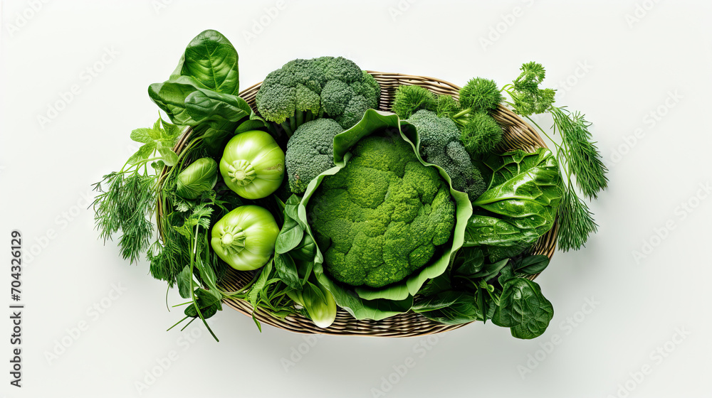 Green fruits and vegetables in a basket for healthy diet on white background. Clean eating concept