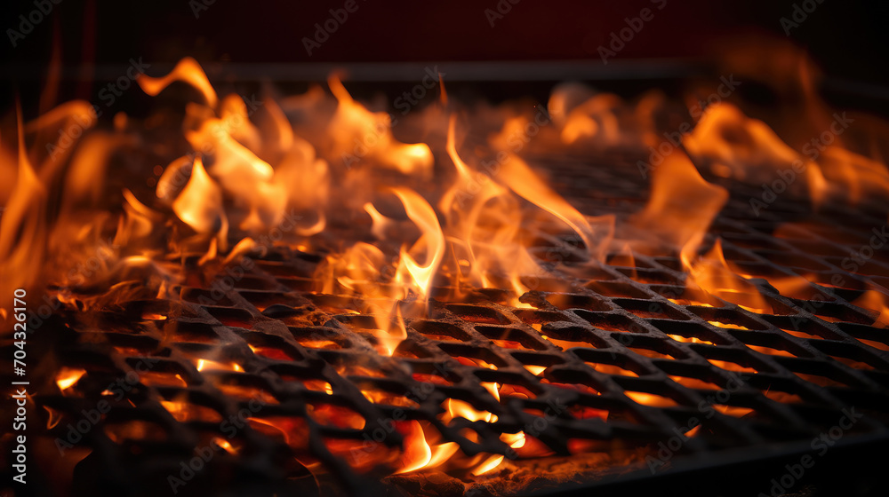 Empty flaming grill grates with open fire, ready for product placement. Background for grilled food with fire. Empty flaming grill grates with open fire, ready for product placement. Background for grilled food with fire.