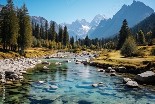 The crystal clear river flowing through the valley