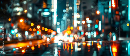 Abstract night lights, view of a modern futuristic cityscape. Defocused image of a dark street. Tall buildings, towers skyscrapers with glowing windows. Wide scale image.