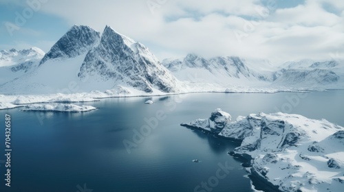 snow fjord landscape, drone shot