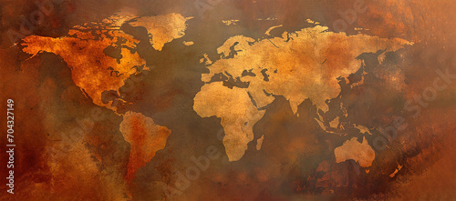 Dark patterned retro style world map with bronze colored worn aged grungy surface design. Continents in vintage style. Brown, orange and red colors.