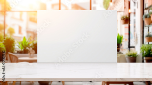 Empty marble table with empty white mockup in front of the blurred restaurant background