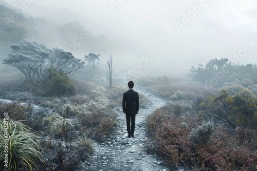 Ethical Dilemma: A businessman represents the moral confusion of business decisions, this feeling is represented by two paths diverging in a foggy environment... the measure of conflicting choices. photo