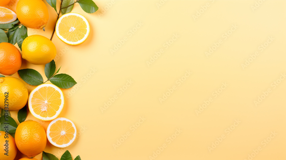 Citrus decorated with citrus leafs on a light orange background with space for text Citrus decorated with citrus leafs on a light orange background with space for text
