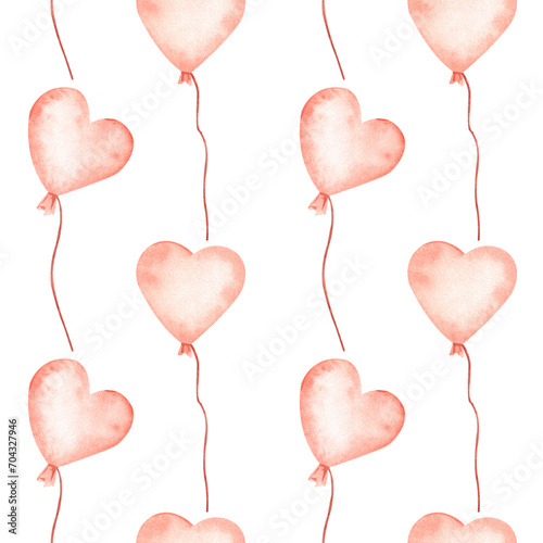 Pink balloons in the shape of a heart. Seamless pattern of hand painted watercolor elements on a white background for designs for Valentine's Day or Birthday party, not AI.