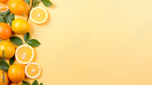 Citrus decorated with citrus leafs on a light orange background with space for text