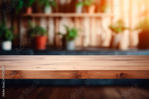 Empty wooden table in front kitchen  background  product display