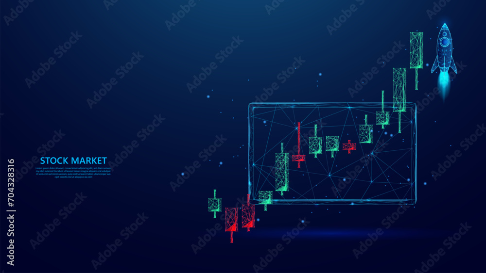 illustration of stock market trading activities on the tablet screen. stock market uptrend on candlestick chart. blue low poly style background. - obrazy, fototapety, plakaty 