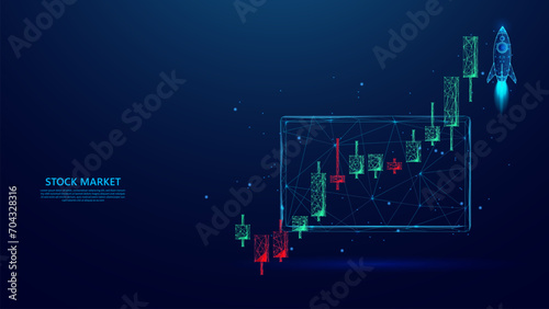 illustration of stock market trading activities on the tablet screen. stock market uptrend on candlestick chart. blue low poly style background.