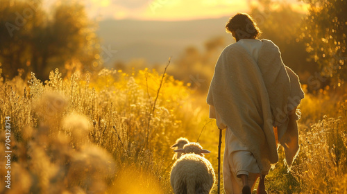 The Good Shepherd:  A symbolic representation of Jesus as the Good Shepherd, tenderly caring for his flock with love and guidance photo