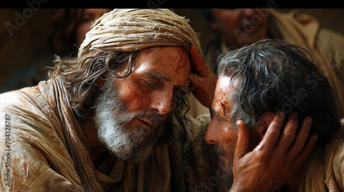 Healing the Leper:  A compassionate image of Jesus healing a leper, illustrating the transformative power of divine touch and mercy photo