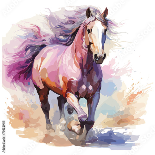 A watercolor painting of a horse with a beautiful, flowing mane. White background. Illustrated. Vector.