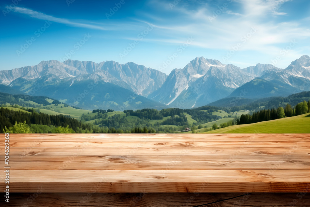 Empty wooden table in front blur alpine meadows background, product display Empty wooden table in front blur alpine meadows background, product display