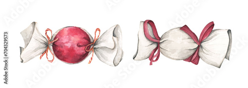 Set of Candy in different wrappers. Sugar product in various colors and patterns packing painted in watercolor. Toffee packet. Valentine's Day, children's holidays, gifts.